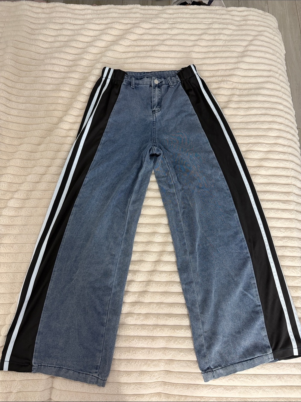 Wide Leg Denim Track Pants with Black Side Panels